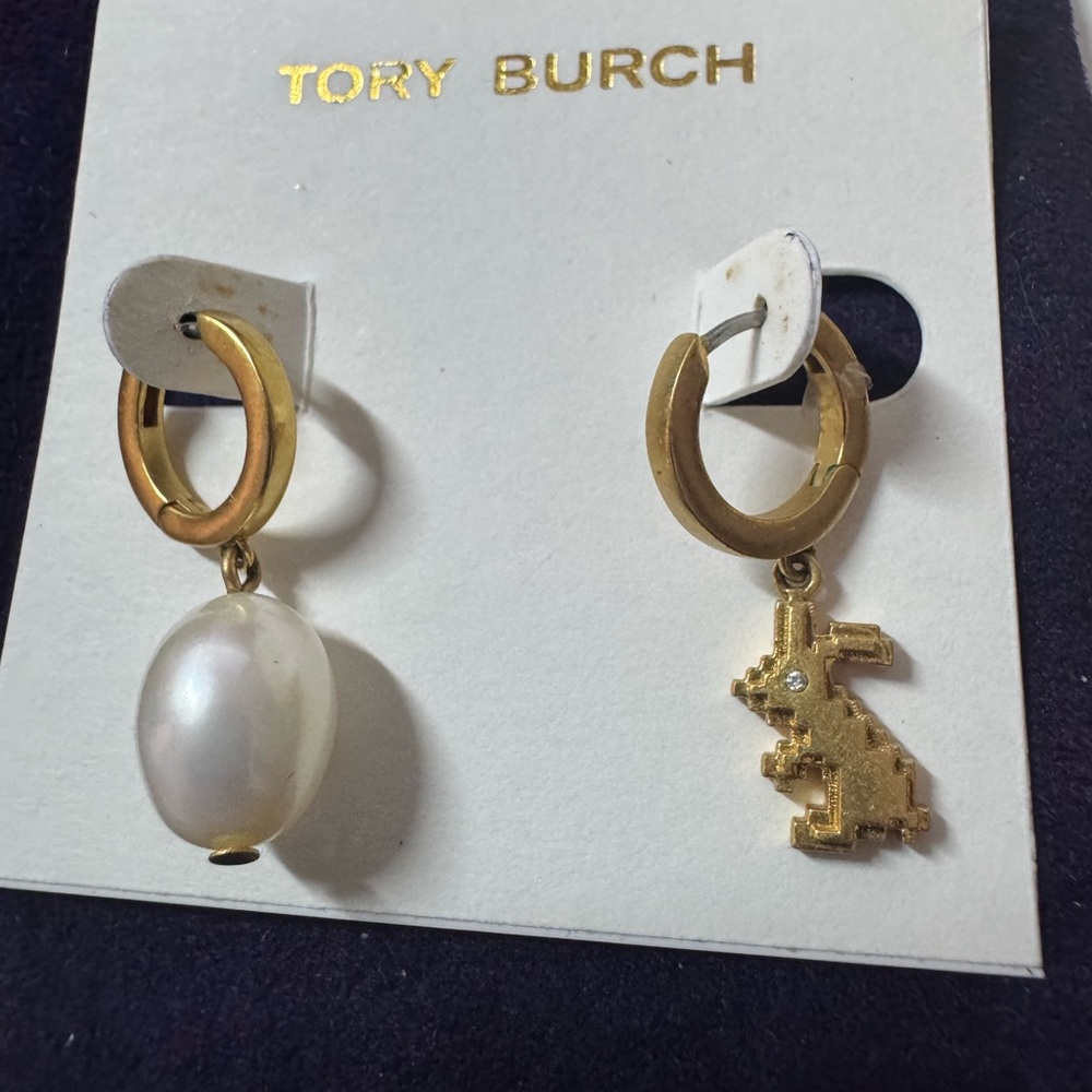 Tory Burch Pave Rabbit & Cultured Freshwater Pearl Mismatch Hoop Earring